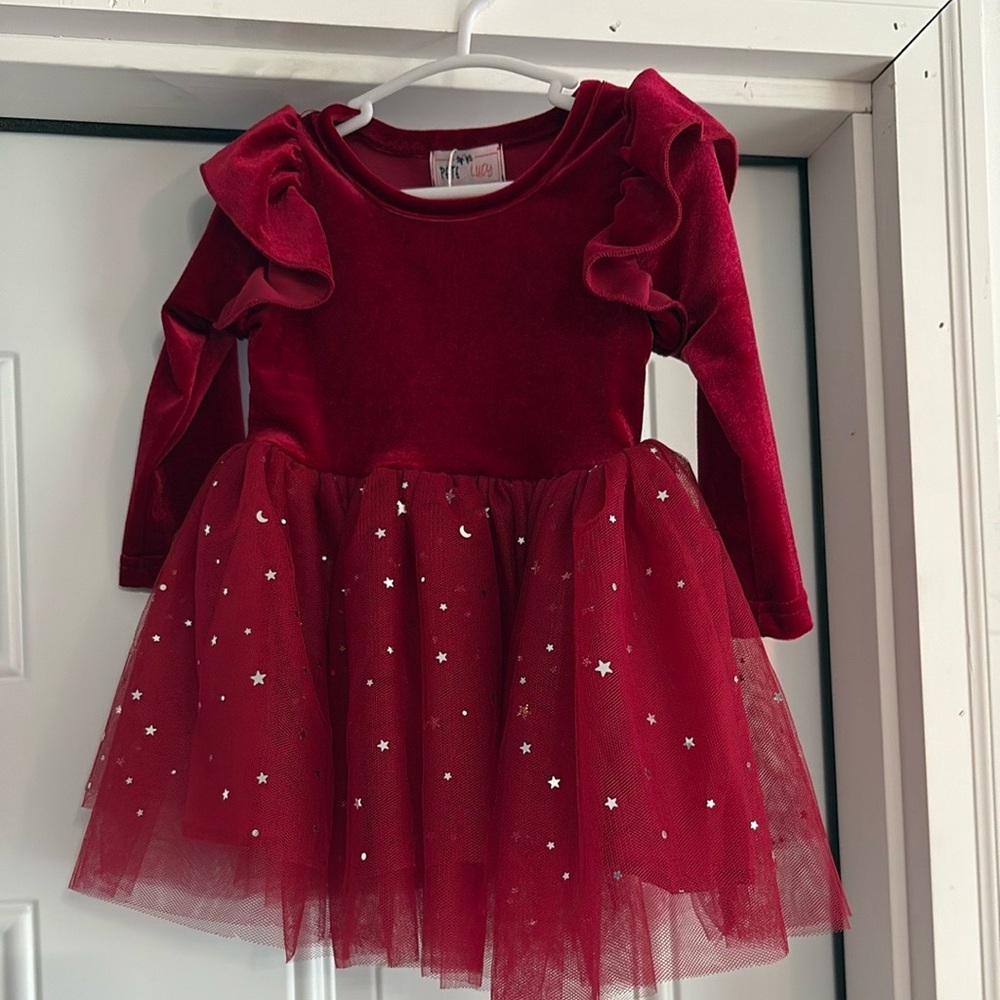 Red Velvet Long Sleeve Dress with Starry Tulle Skirt